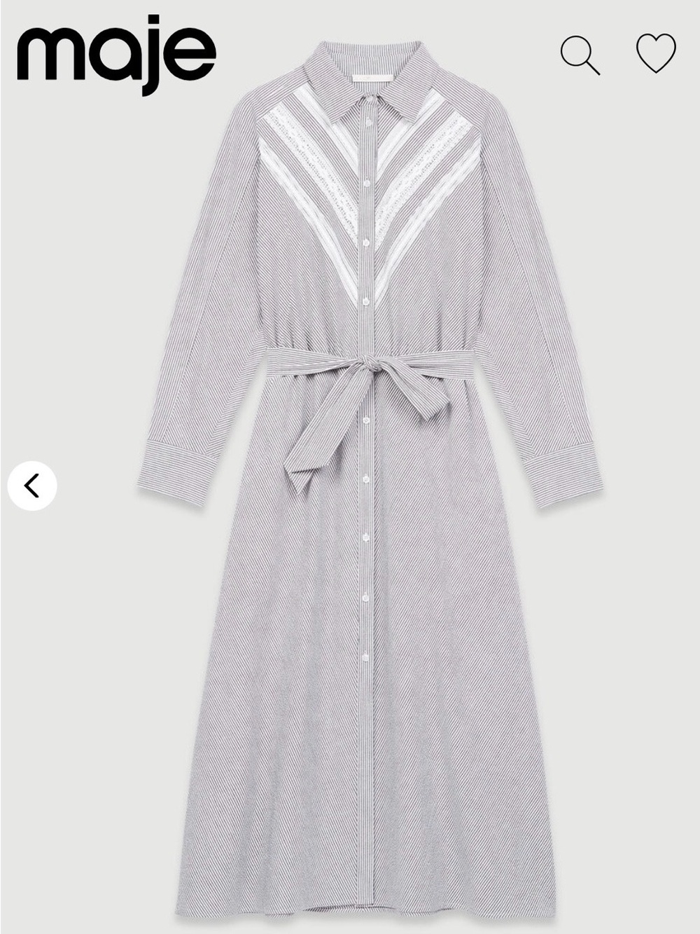 MAJE Striped Tie Waist Lace Cotton Shirt Dress